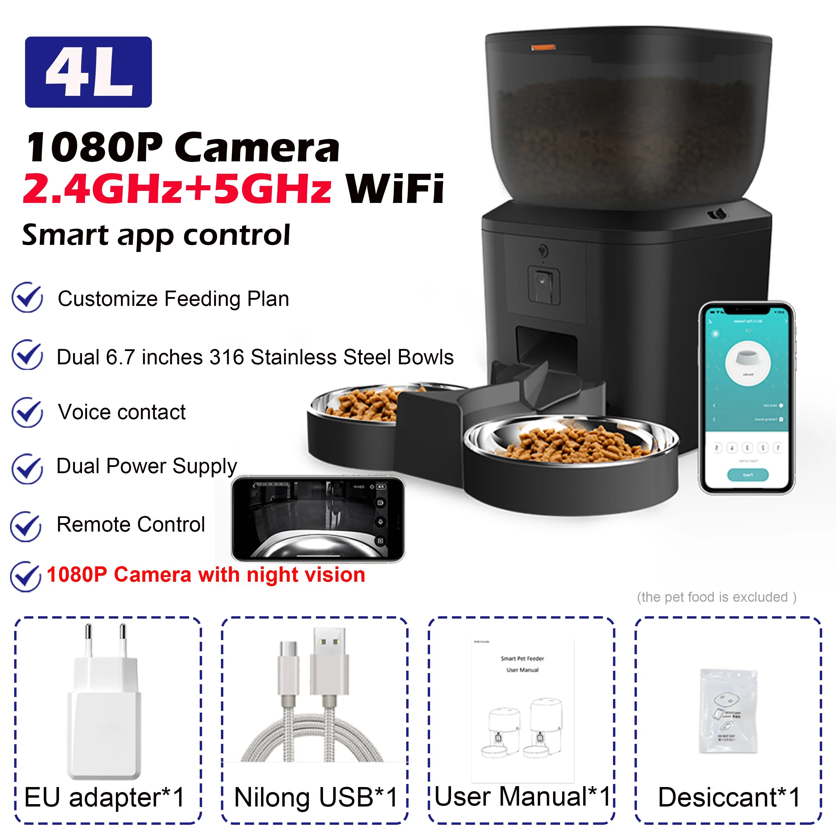 Automatic Cat Feeder with 1080p Camera & Remote Control