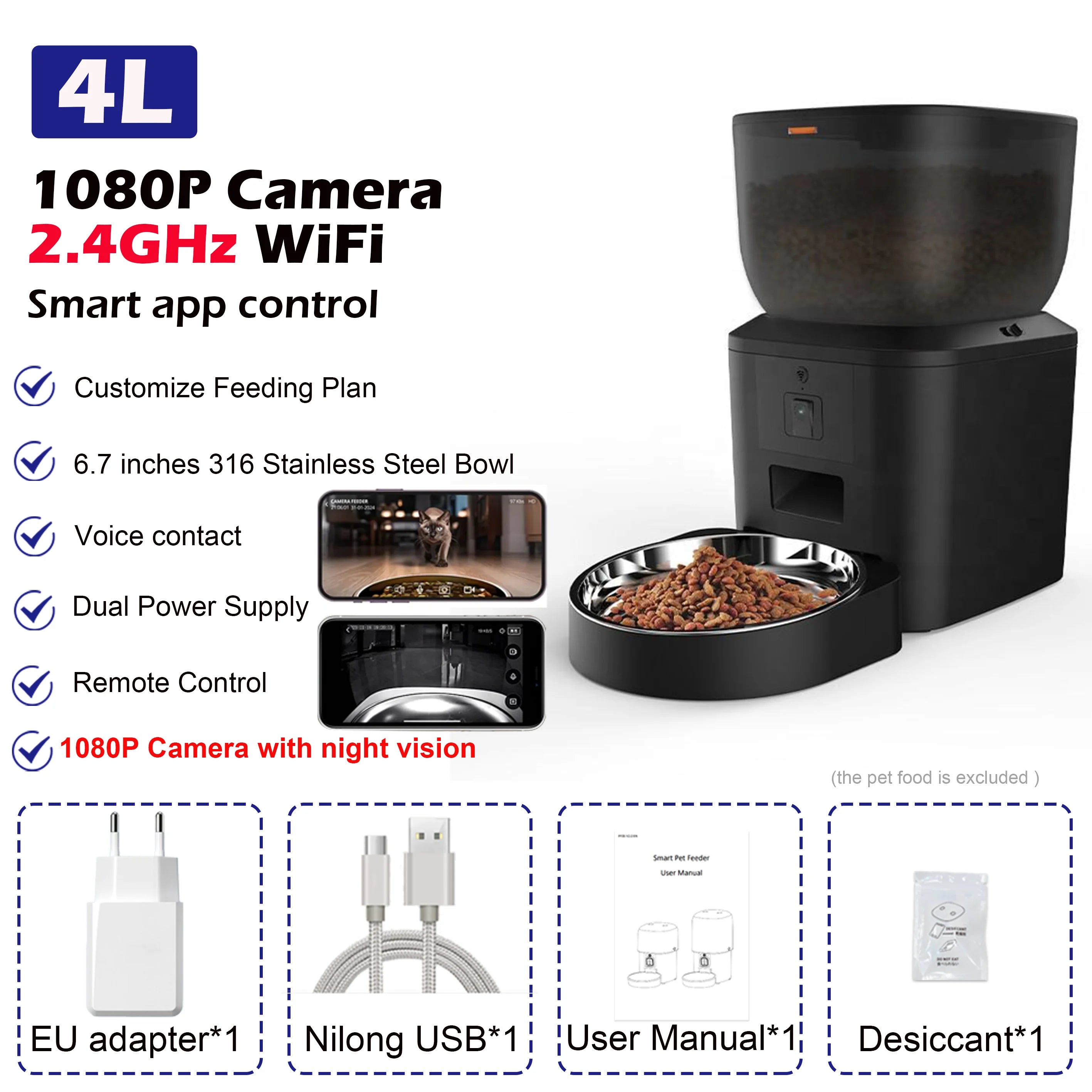 Automatic Cat Feeder with 1080p Camera & Remote Control