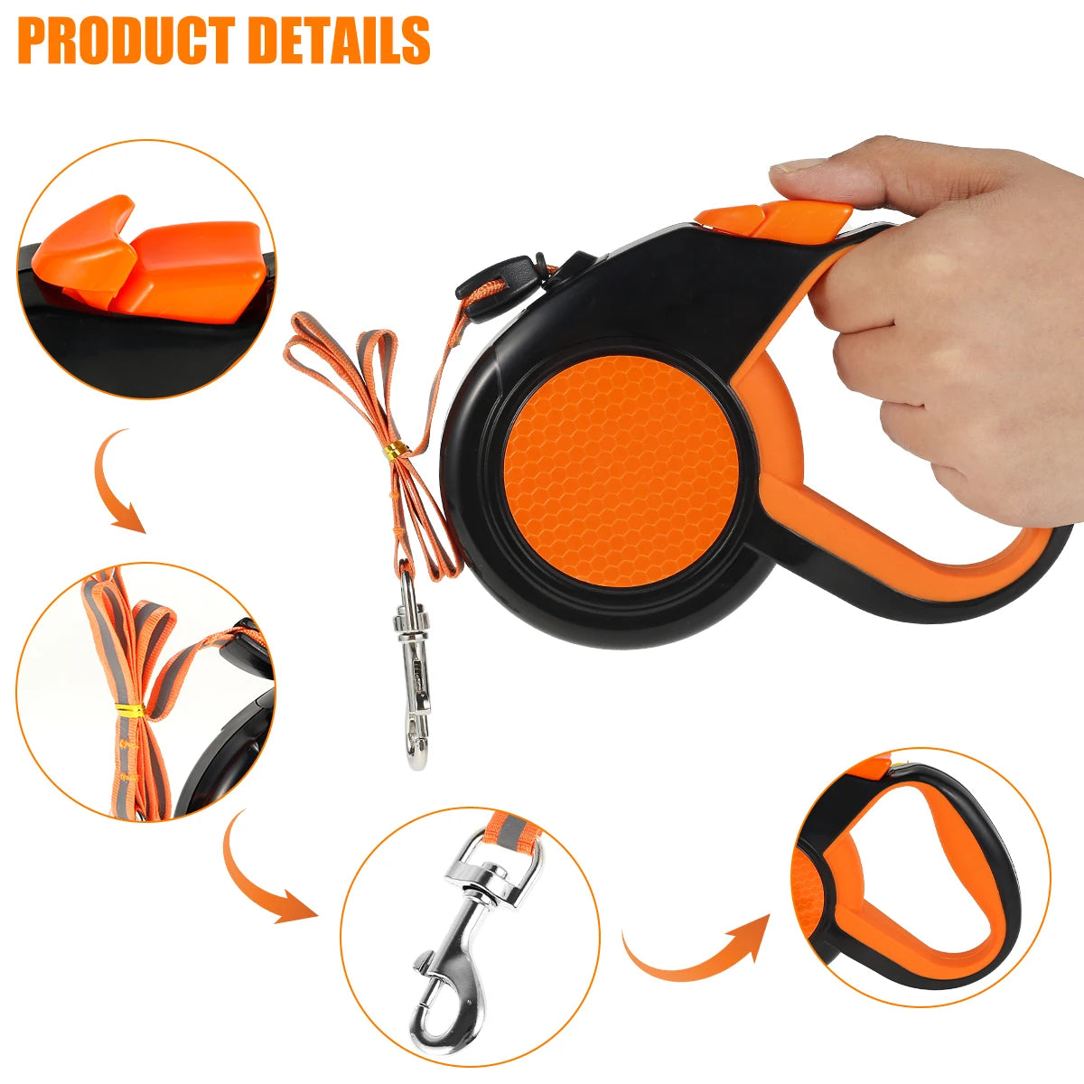 Retractable Dog Leash with Reflective Tape & Non-Slip Handle