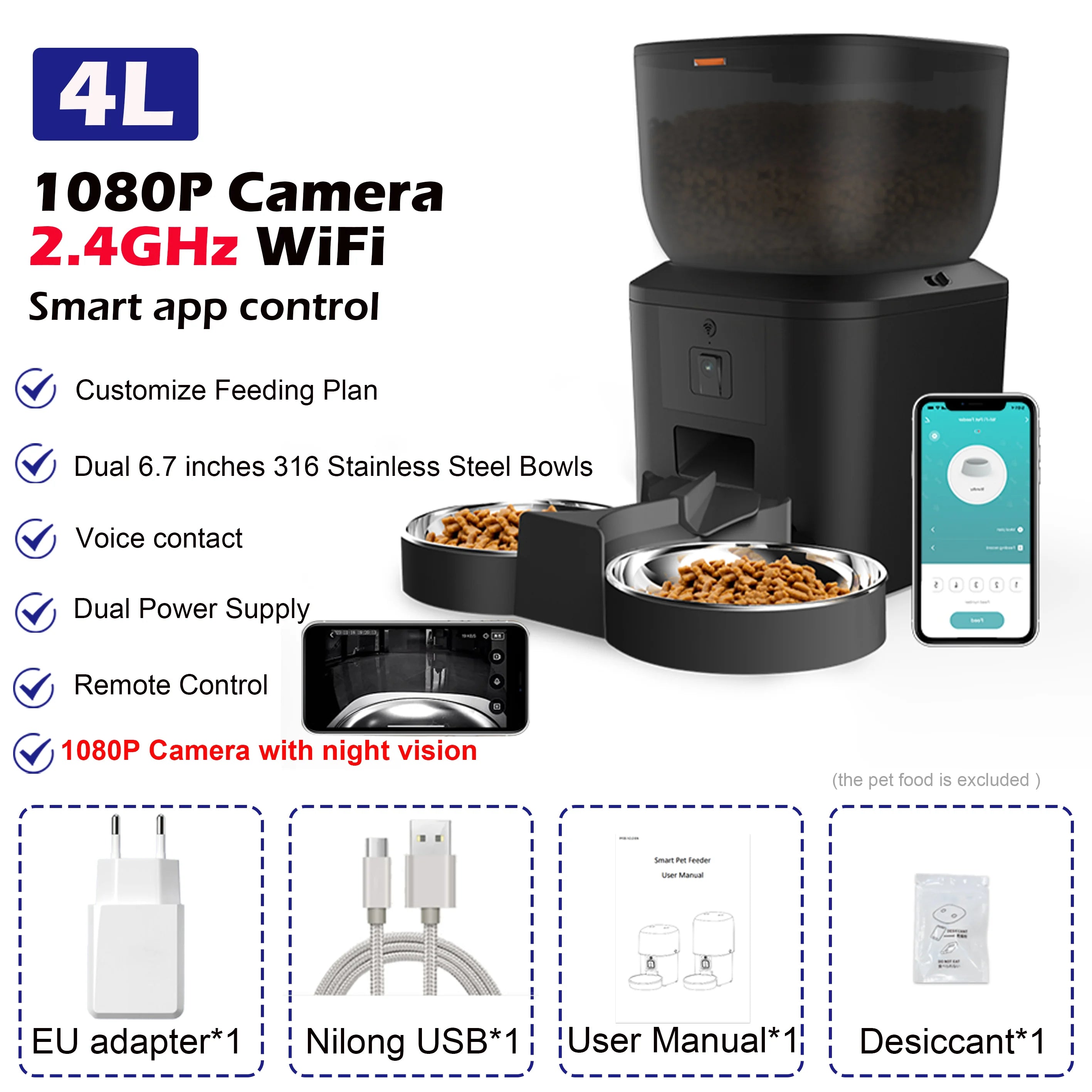 Automatic Cat Feeder with 1080p Camera & Remote Control